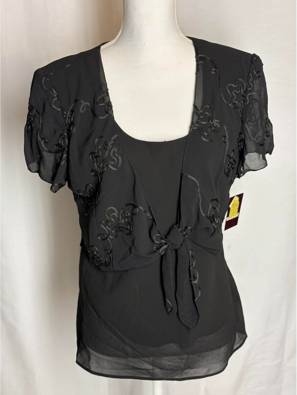 Vintage Studio 1 Black Blouse Top Sheer Embroidered Tie-Closure Size 14 NWT